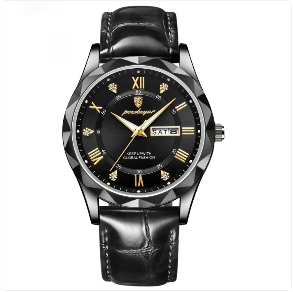 שעון קוורץ יוקרתי לגברים עם רצועת עור Men's Luxury Leather Strap Quartz Watch