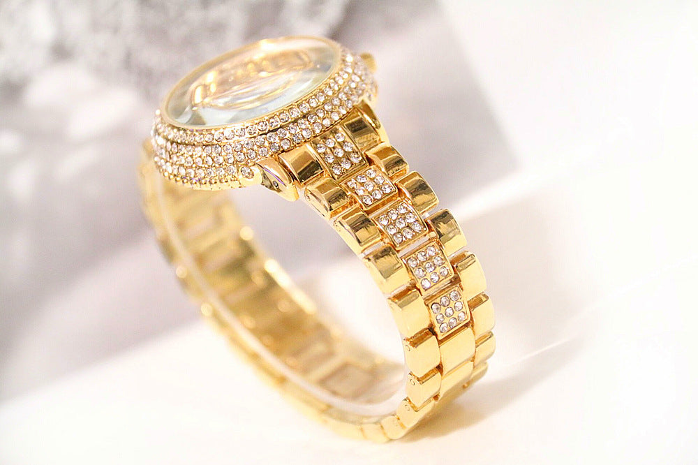 שעון קוורץ יוקרתי לנשים משובץ יהלומים ופלדה Luxury Women's Quartz Watch with Diamonds and Steel