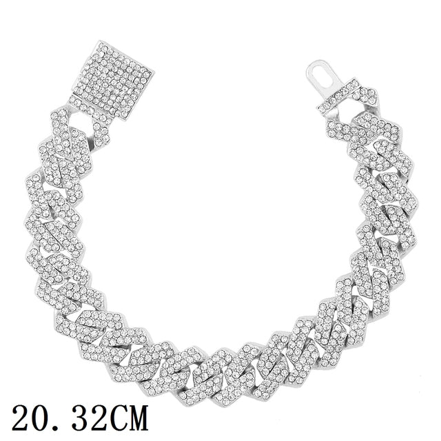 צמיד חוליות קובני רחב 12 מ"מ משובץ קריסטלים Luxury 12mm Iced Out Cuban Link Chain Bracelet