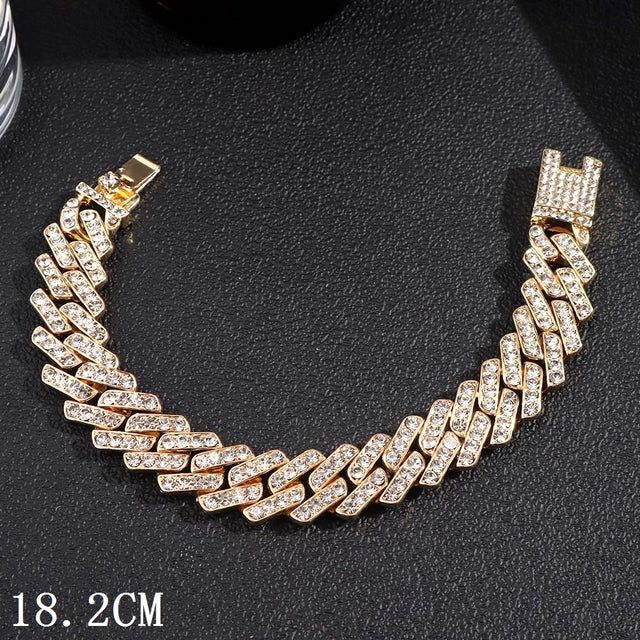 צמיד חוליות קובני רחב 12 מ"מ משובץ קריסטלים Luxury 12mm Iced Out Cuban Link Chain Bracelet