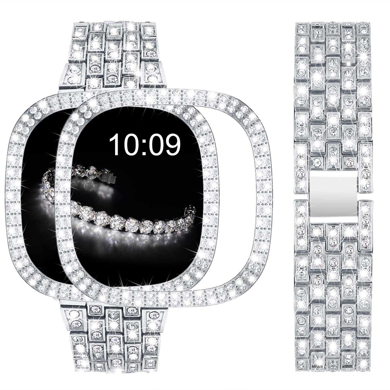 V-MORO Compatible with Fitbit Versa 4/Sense 2 Bands Women Bling Diamond Jewelry Metal Smartwatch Strap Wristband Replacement with Hard Bumper Protective Case Cover for Fitbit Sense 2/Versa 4-Silver