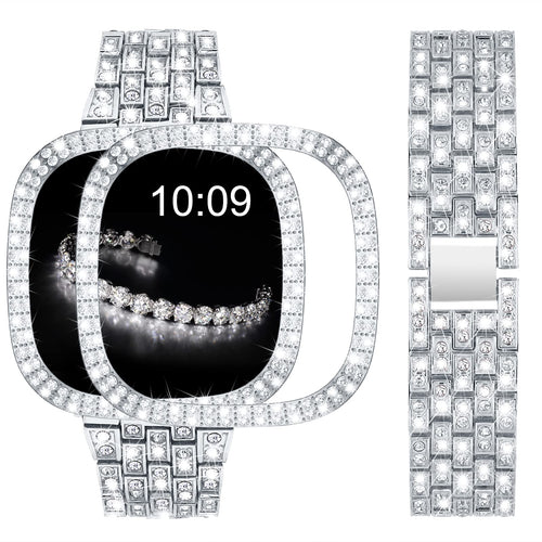 V-MORO Compatible with Fitbit Versa 4/Sense 2 Bands Women Bling Diamond Jewelry Metal Smartwatch Strap Wristband Replacement with Hard Bumper Protective Case Cover for Fitbit Sense 2/Versa 4-Silver