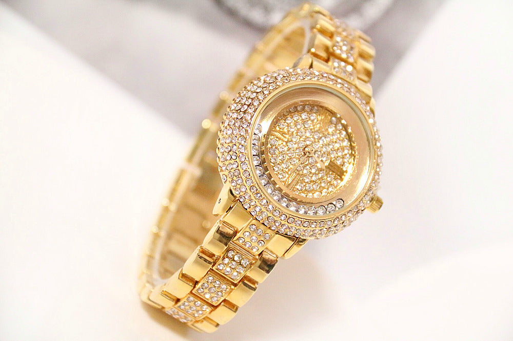 שעון קוורץ יוקרתי לנשים משובץ יהלומים ופלדה Luxury Women's Quartz Watch with Diamonds and Steel