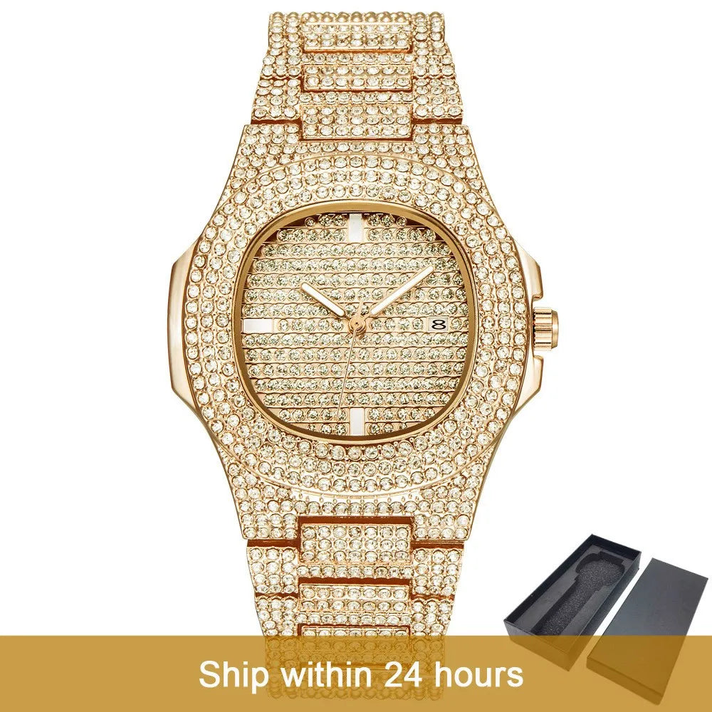 שעון יד משובץ יהלומים נוצצים Diamond Bling Wrist Watch