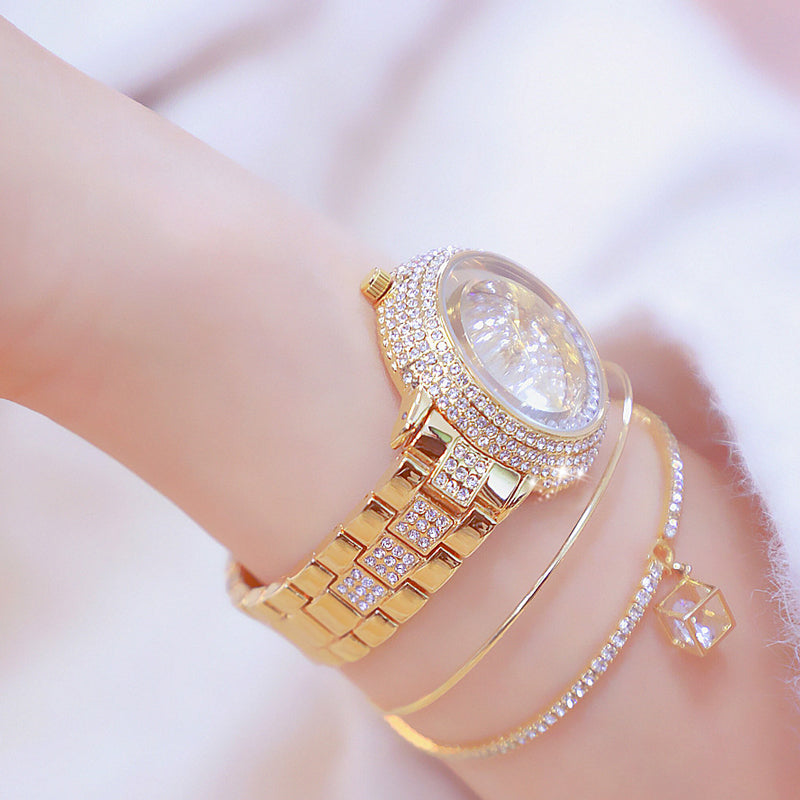 שעון קוורץ יוקרתי לנשים משובץ יהלומים ופלדה Luxury Women's Quartz Watch with Diamonds and Steel