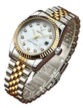 שעון קוורץ יוקרתי USWATCH עם תאריכון ומשובץ אבנים USWATCH Luxury Stainless Steel Quartz Watch with Calendar