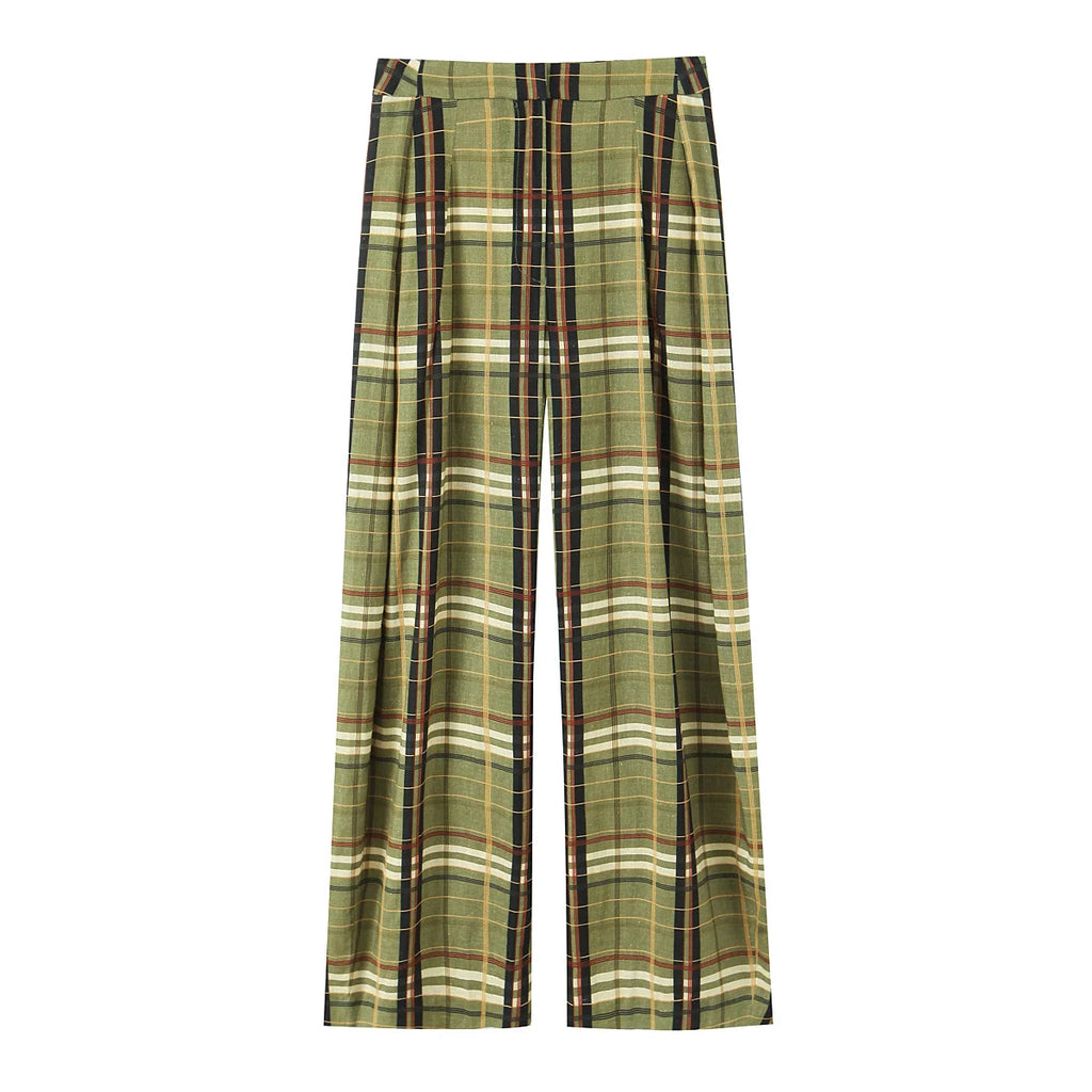 מכנסי נשים לסתיו עם הדפס משבצות (Plaid) בגזרה רחבה ומשוחררת (Loose Pants) עם שרוך קשירה (Drawstring) ועיצוב קפלים מבית HH بنطال نسائي للخريف بطبعة كاروهات (Plaid) بقصة واسعة ومريحة (Loose Pants) مع رباط إغلاق (Drawstring) وتصميم كسرات من ماركة HH