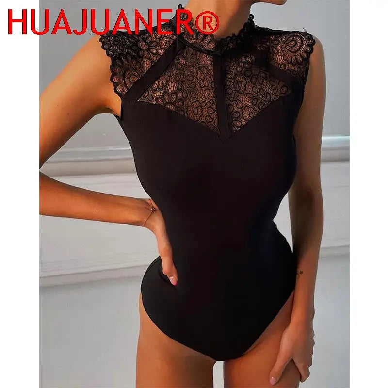 בגד גוף תחרה שחור סקסי לנשים HUAJUANER ללא שרוולים بودي سوت دانتيل أسود مثير للنساء من HUAJUANER بدون أكمام