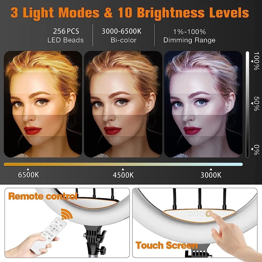 מנורת רינג לייט (Ring Light) לסטודיו צילום בגודל 18 אינץ' עם מעמד חצובה בגובה 78 אינץ' וגוון אור כפול (Bi-Color) مصباح رينج لايت (Ring Light) لإستوديو التصوير بحجم 18 بوصة مع حامل ثلاثي القوائم (حامل حاتسوباه) بطول 78 بوصة وإضاءة ثنائية اللون (Bi-Color)