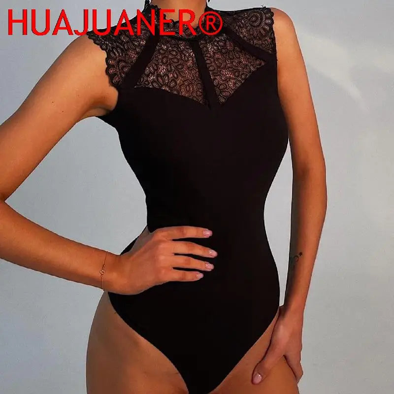 בגד גוף תחרה שחור סקסי לנשים HUAJUANER ללא שרוולים بودي سوت دانتيل أسود مثير للنساء من HUAJUANER بدون أكمام
