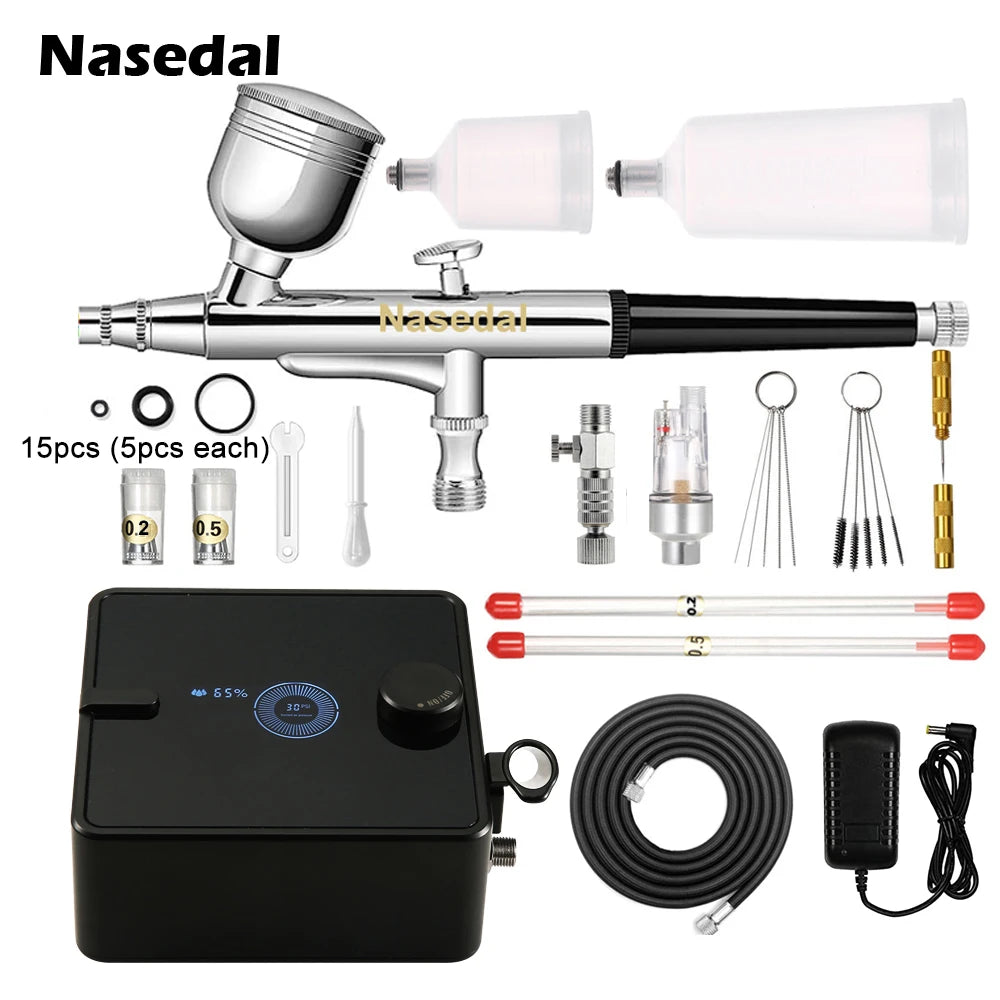 ערכת קומפרסור ואיירבראש Nasedal עם מד לחץ LED (36PSI) ודיזה 0.3 מ"מ לצביעה ואיפור طقم ضاغط هواء (كومبريسור) وإيربراش Nasedal مع مؤشر LED (36PSI) وفوهة 0.3 مم للرسم والمكياج