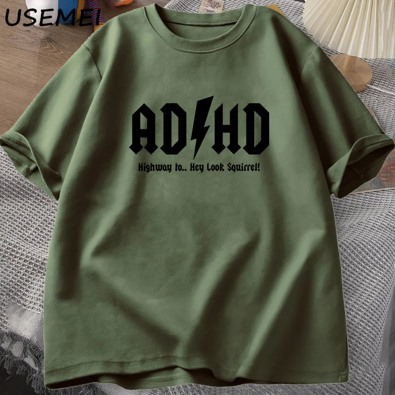 تيشيرت ADHD Highway Hey Look Squirrel للرجال والنساء، تي شيرت روك أند رول، ملابس شارع، قمصان رجالية، بلوزات للجنسين