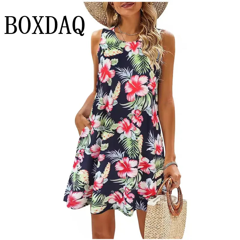 שמלת קז'ואל קיצית לנשים מבית BOXDAQ – בסגנון בוהמי מודפס, גזרת מיני (מעל הברך) עם כיסים فستان كاجوال صيفي للنساء من BOXDAQ – بنمط بوهيمي مطبوع، قصة ميني (فوق الركبة)