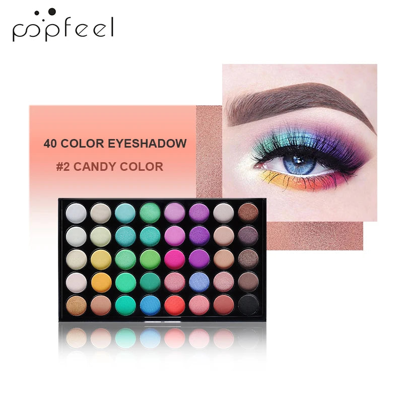 פלטת צלליות 40 צבעים POPFEEL – כוללת 8 מברשות ורודות, בגימור מאט ונצנצים لوحة ظلال عيون (آيشادو) 40 لونًا POPFEEL – تشمل 8 فرش وردية، بلمسة مطفية ولامعة
