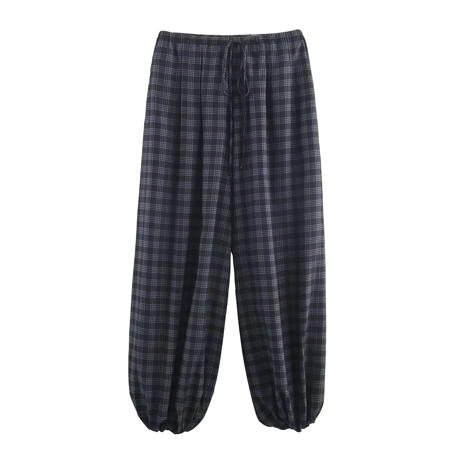 מכנסי נשים לסתיו עם הדפס משבצות (Plaid) בגזרה רחבה ומשוחררת (Loose Pants) עם שרוך קשירה (Drawstring) ועיצוב קפלים מבית HH بنطال نسائي للخريف بطبعة كاروهات (Plaid) بقصة واسعة ومريحة (Loose Pants) مع رباط إغلاق (Drawstring) وتصميم كسرات من ماركة HH