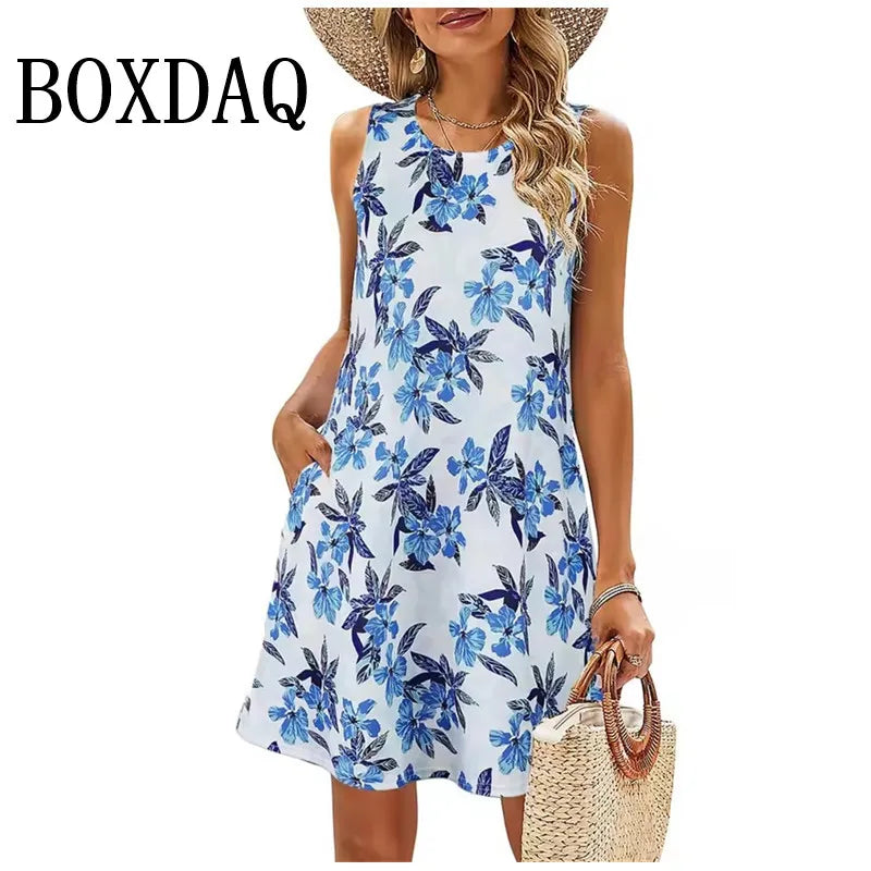 שמלת קז'ואל קיצית לנשים מבית BOXDAQ – בסגנון בוהמי מודפס, גזרת מיני (מעל הברך) עם כיסים فستان كاجوال صيفي للنساء من BOXDAQ – بنمط بوهيمي مطبوع، قصة ميني (فوق الركبة)