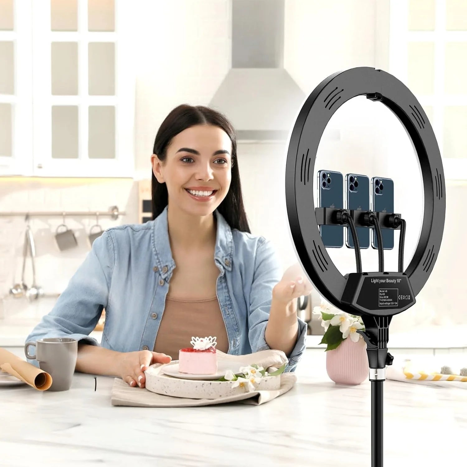 מנורת רינג לייט (Ring Light) לסטודיו צילום בגודל 18 אינץ' עם מעמד חצובה בגובה 78 אינץ' וגוון אור כפול (Bi-Color) مصباح رينج لايت (Ring Light) لإستوديو التصوير بحجم 18 بوصة مع حامل ثلاثي القوائم (حامل حاتسوباه) بطول 78 بوصة وإضاءة ثنائية اللون (Bi-Color)