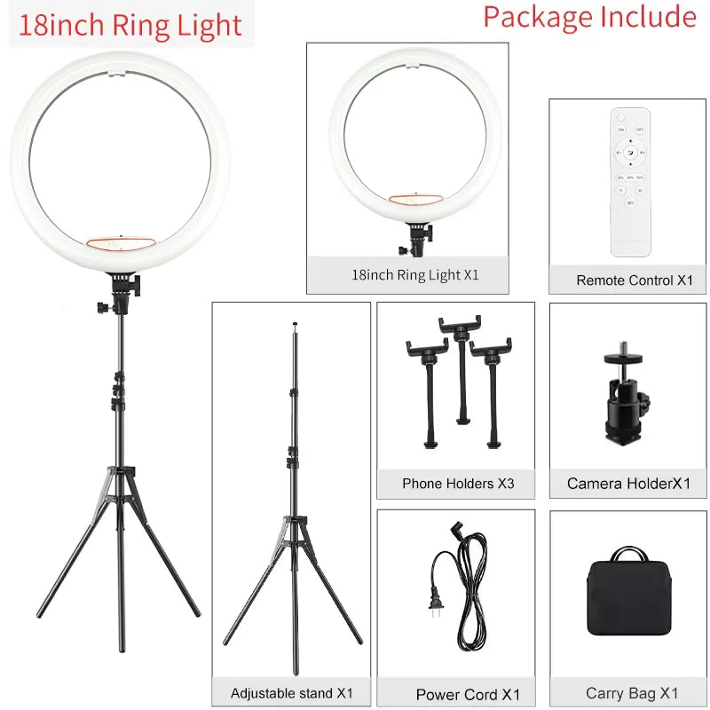 מנורת רינג לייט (Ring Light) לסטודיו צילום בגודל 18 אינץ' עם מעמד חצובה בגובה 78 אינץ' וגוון אור כפול (Bi-Color) مصباح رينج لايت (Ring Light) لإستوديو التصوير بحجم 18 بوصة مع حامل ثلاثي القوائم (حامل حاتسوباه) بطول 78 بوصة وإضاءة ثنائية اللون (Bi-Color)