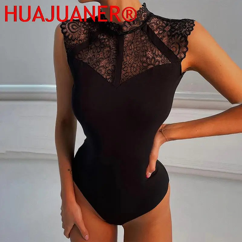 בגד גוף תחרה שחור סקסי לנשים HUAJUANER ללא שרוולים بودي سوت دانتيل أسود مثير للنساء من HUAJUANER بدون أكمام
