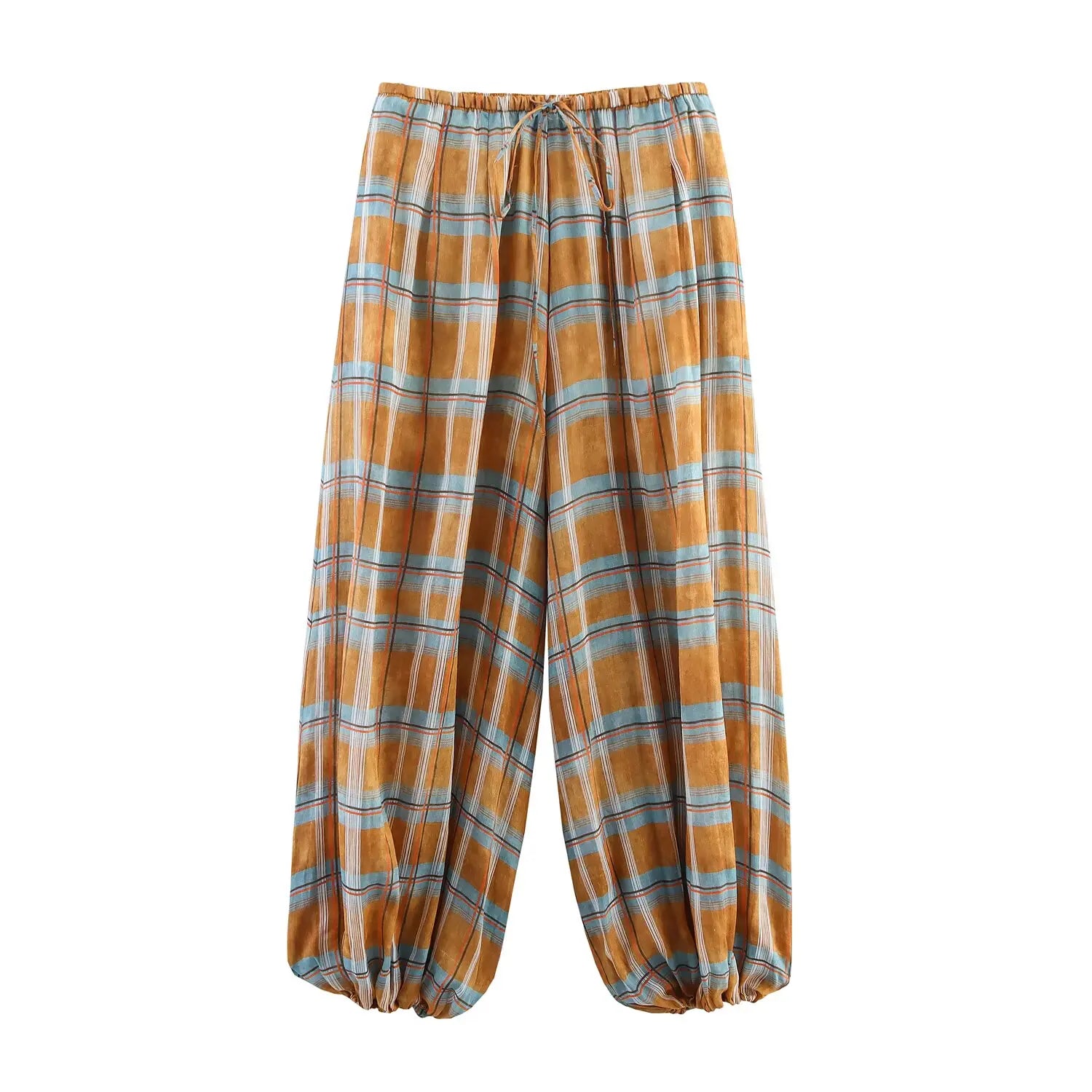 מכנסי נשים לסתיו עם הדפס משבצות (Plaid) בגזרה רחבה ומשוחררת (Loose Pants) עם שרוך קשירה (Drawstring) ועיצוב קפלים מבית HH بنطال نسائي للخريف بطبعة كاروهات (Plaid) بقصة واسعة ومريحة (Loose Pants) مع رباط إغلاق (Drawstring) وتصميم كسرات من ماركة HH