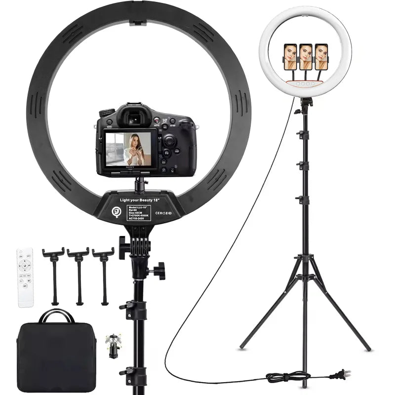 מנורת רינג לייט (Ring Light) לסטודיו צילום בגודל 18 אינץ' עם מעמד חצובה בגובה 78 אינץ' וגוון אור כפול (Bi-Color) مصباح رينج لايت (Ring Light) لإستوديو التصوير بحجم 18 بوصة مع حامل ثلاثي القوائم (حامل حاتسوباه) بطول 78 بوصة وإضاءة ثنائية اللون (Bi-Color)