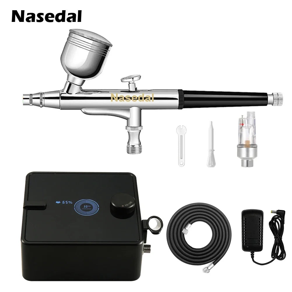 ערכת קומפרסור ואיירבראש Nasedal עם מד לחץ LED (36PSI) ודיזה 0.3 מ"מ לצביעה ואיפור طقم ضاغط هواء (كومبريسור) وإيربراش Nasedal مع مؤشر LED (36PSI) وفوهة 0.3 مم للرسم والمكياج