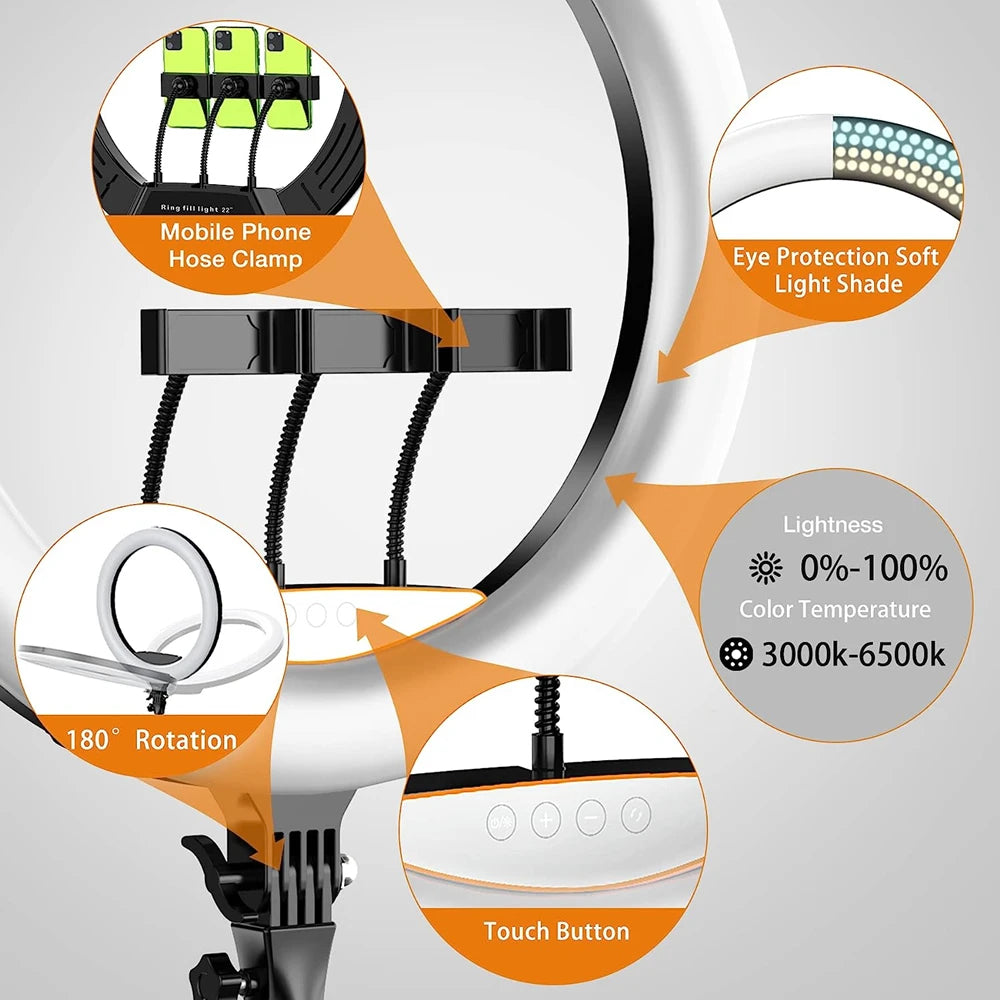מנורת רינג לייט (Ring Light) לסטודיו צילום בגודל 18 אינץ' עם מעמד חצובה בגובה 78 אינץ' וגוון אור כפול (Bi-Color) مصباح رينج لايت (Ring Light) لإستوديو التصوير بحجم 18 بوصة مع حامل ثلاثي القوائم (حامل حاتسوباه) بطول 78 بوصة وإضاءة ثنائية اللون (Bi-Color)