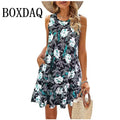 שמלת קז'ואל קיצית לנשים מבית BOXDAQ – בסגנון בוהמי מודפס, גזרת מיני (מעל הברך) עם כיסים فستان كاجوال صيفي للنساء من BOXDAQ – بنمط بوهيمي مطبوع، قصة ميني (فوق الركبة)