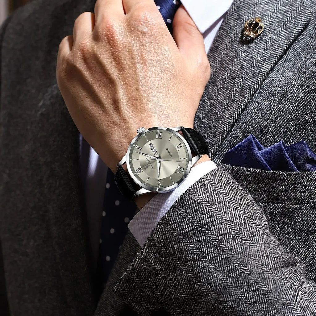 שעון יד קוורץ יוקרתי ואופנתי לגברים מבית POEDAGAR עם רצועת עור, תצוגת תאריך, עמיד במים וזוהר בחושך ساعة يد كوارتز فاخرة وأنيقة للرجال من ماركة POEDAGAR مع حزام جلدي، عرض تاريخ، مقاومة للماء ومضيئة في الظلام