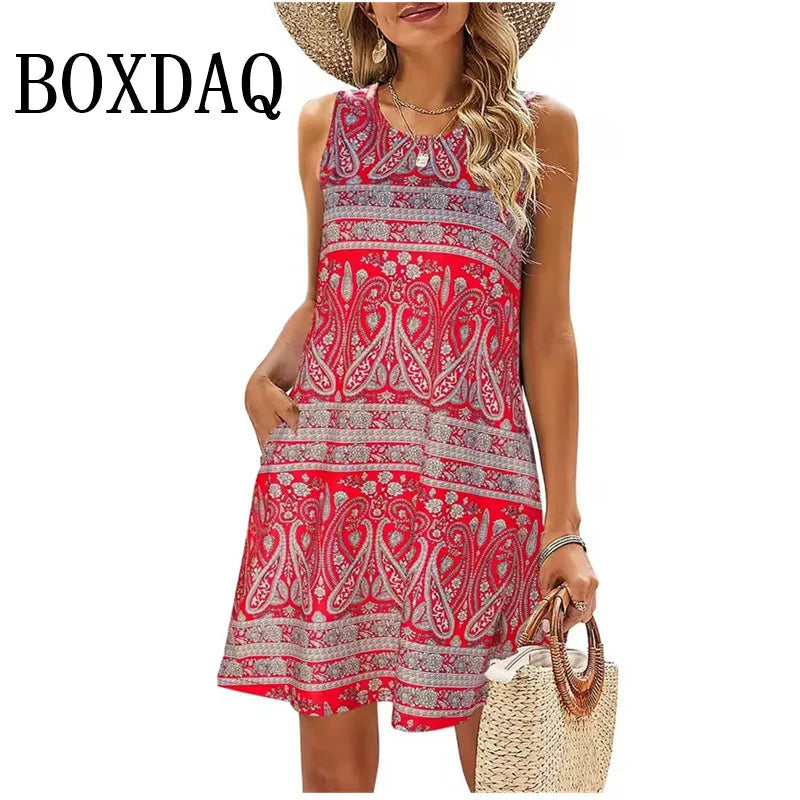 שמלת קז'ואל קיצית לנשים מבית BOXDAQ – בסגנון בוהמי מודפס, גזרת מיני (מעל הברך) עם כיסים فستان كاجوال صيفي للنساء من BOXDAQ – بنمط بوهيمي مطبوع، قصة ميني (فوق الركبة)