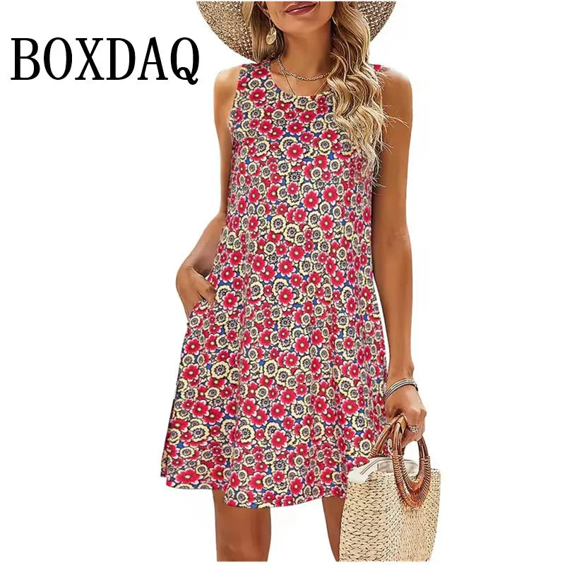 שמלת קז'ואל קיצית לנשים מבית BOXDAQ – בסגנון בוהמי מודפס, גזרת מיני (מעל הברך) עם כיסים فستان كاجوال صيفي للنساء من BOXDAQ – بنمط بوهيمي مطبوع، قصة ميني (فوق الركبة)