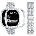 V-MORO Compatible with Fitbit Versa 4/Sense 2 Bands Women Bling Diamond Jewelry Metal Smartwatch Strap Wristband Replacement with Hard Bumper Protective Case Cover for Fitbit Sense 2/Versa 4-Silver