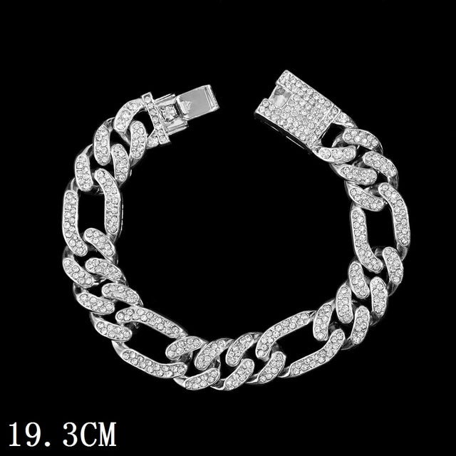 צמיד חוליות קובני רחב 12 מ"מ משובץ קריסטלים Luxury 12mm Iced Out Cuban Link Chain Bracelet