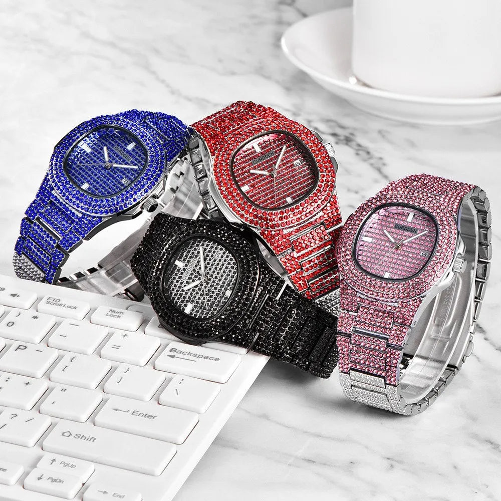 שעון יד משובץ יהלומים נוצצים Diamond Bling Wrist Watch