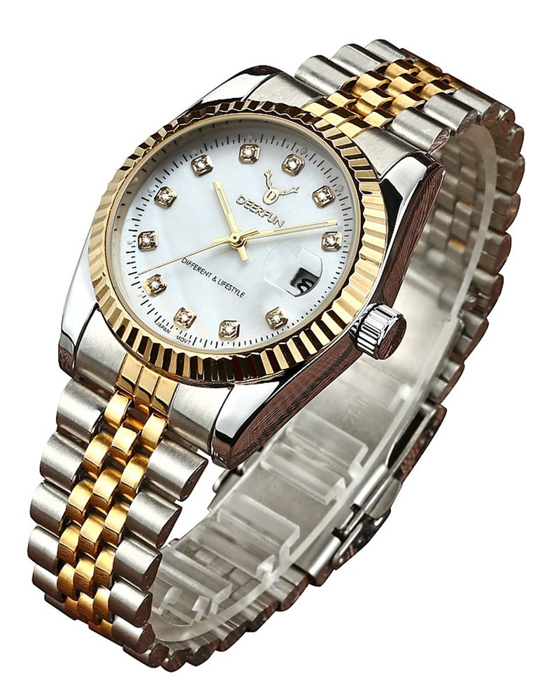 שעון קוורץ יוקרתי USWATCH עם תאריכון ומשובץ אבנים USWATCH Luxury Stainless Steel Quartz Watch with Calendar